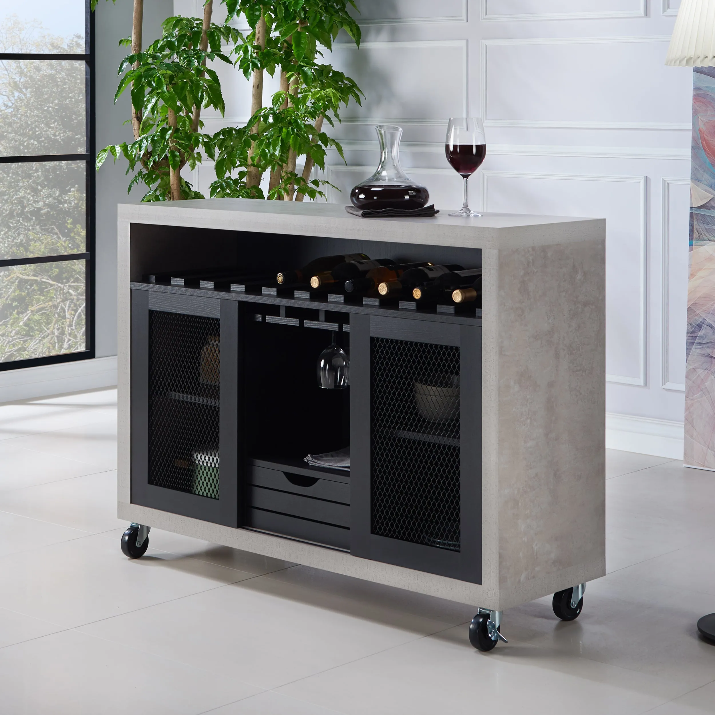Reid Black & Cement-like Farmhouse Mobile 10-bottle Wine Rack Bar Set