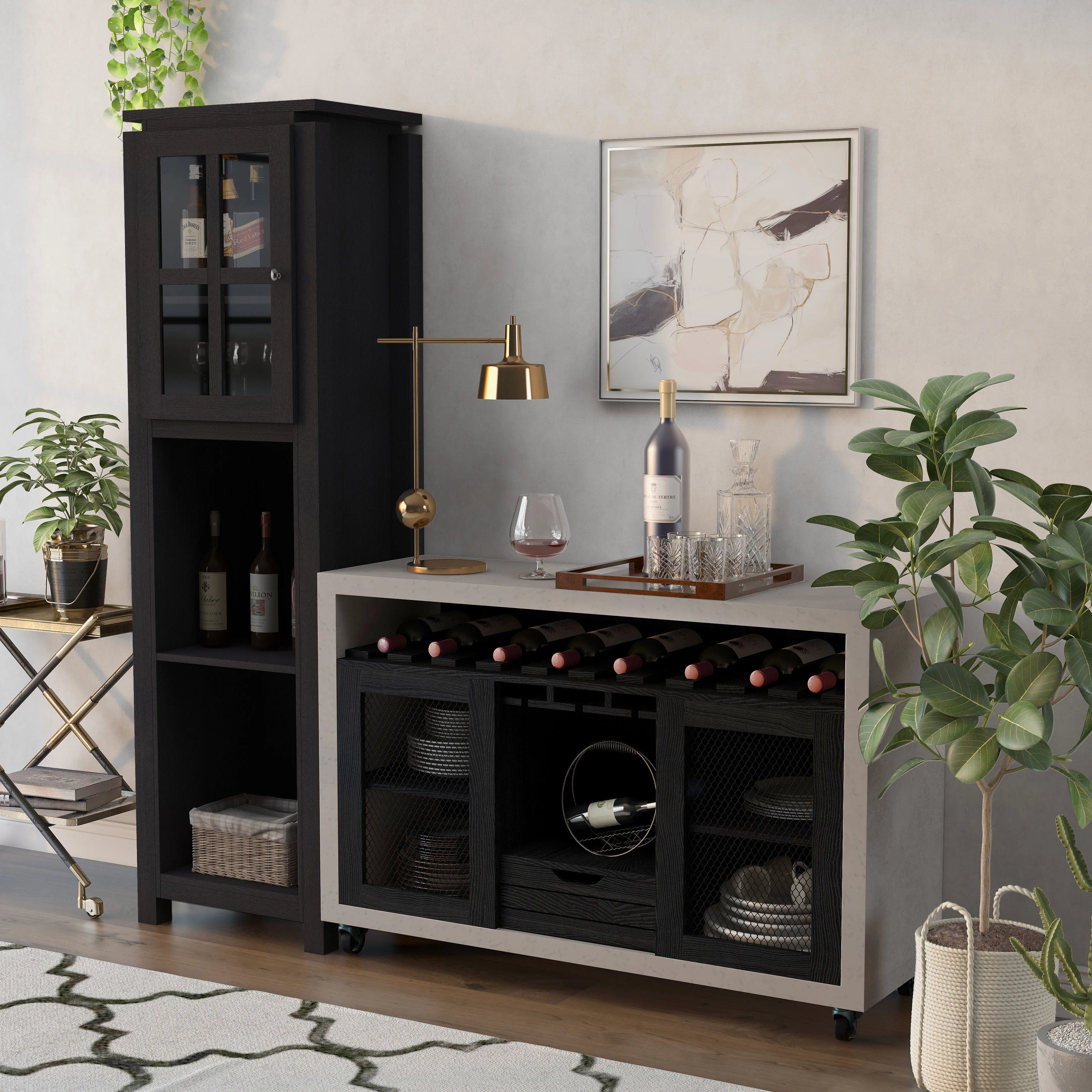 Reid Black & Cement-like Farmhouse Mobile 10-bottle Wine Rack Bar Set