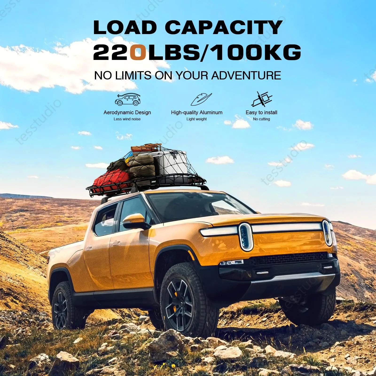 Rivian R1S/R1T Lockable Roof Rack Cross Bars Rails Crossbars Cargo Rooftop Carrier Tesstudio®
