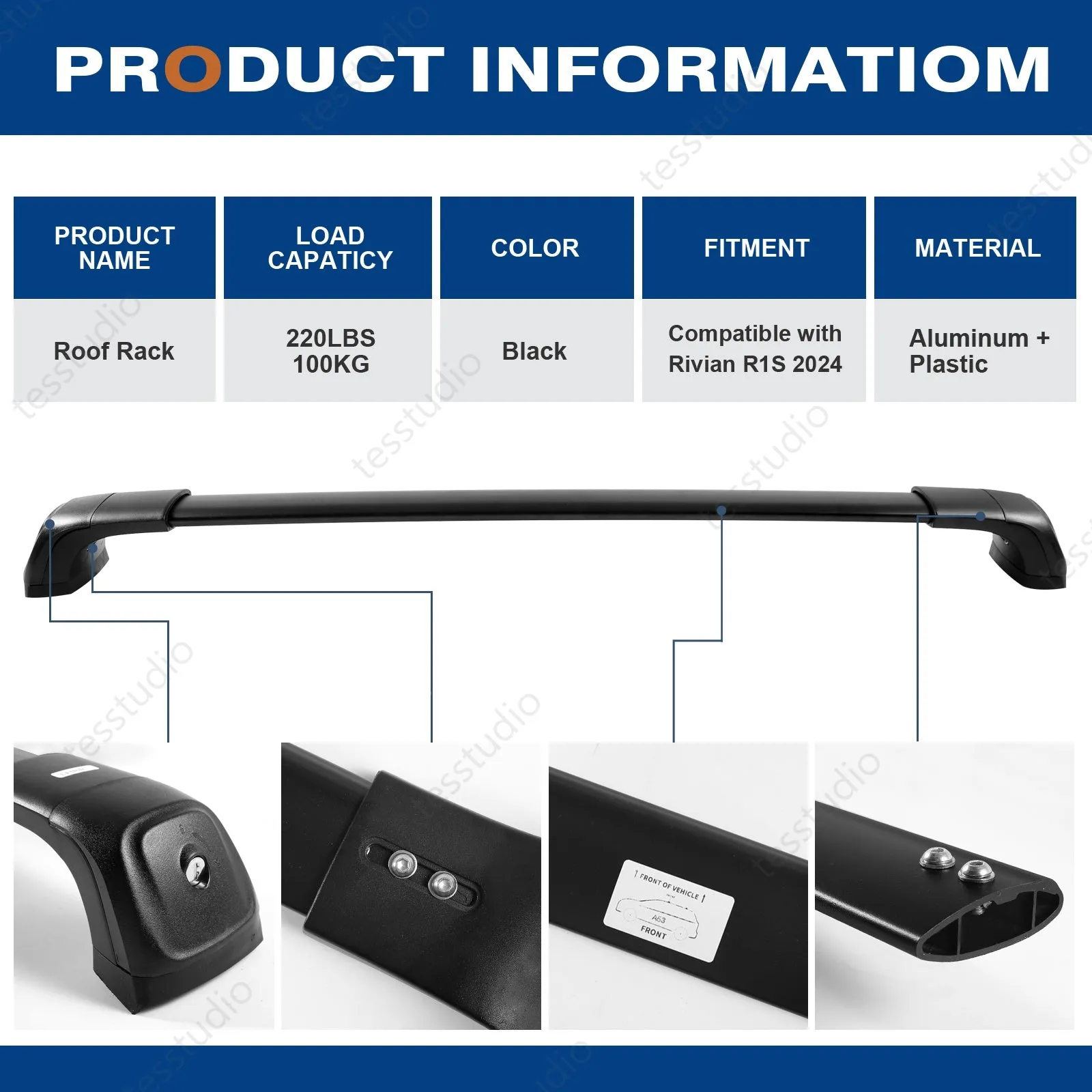 Rivian R1S/R1T Lockable Roof Rack Cross Bars Rails Crossbars Cargo Rooftop Carrier Tesstudio®