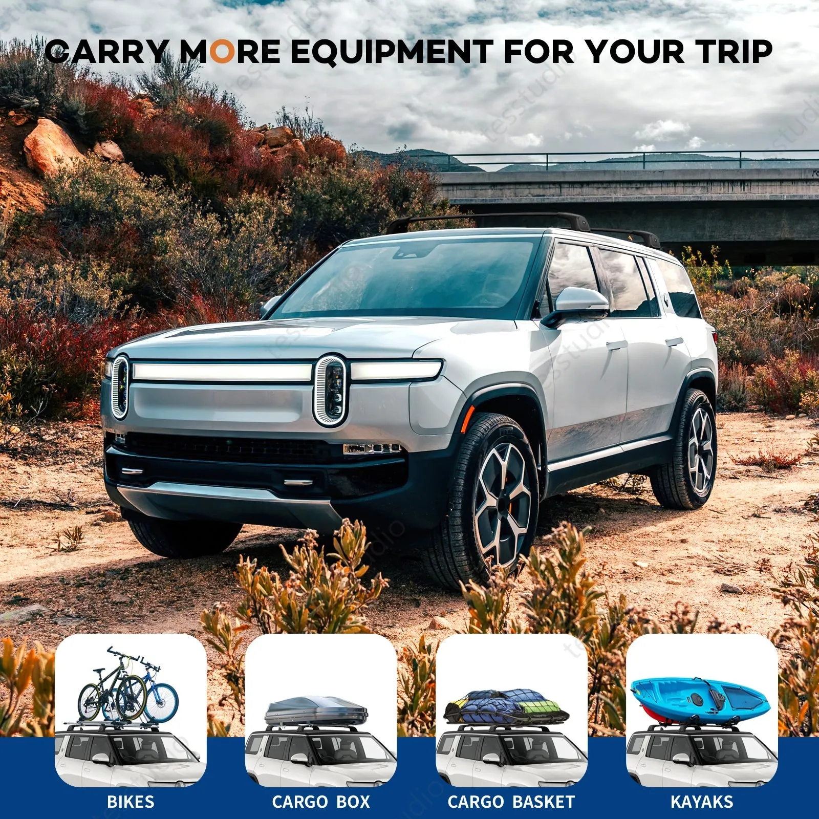 Rivian R1S/R1T Lockable Roof Rack Cross Bars Rails Crossbars Cargo Rooftop Carrier Tesstudio®