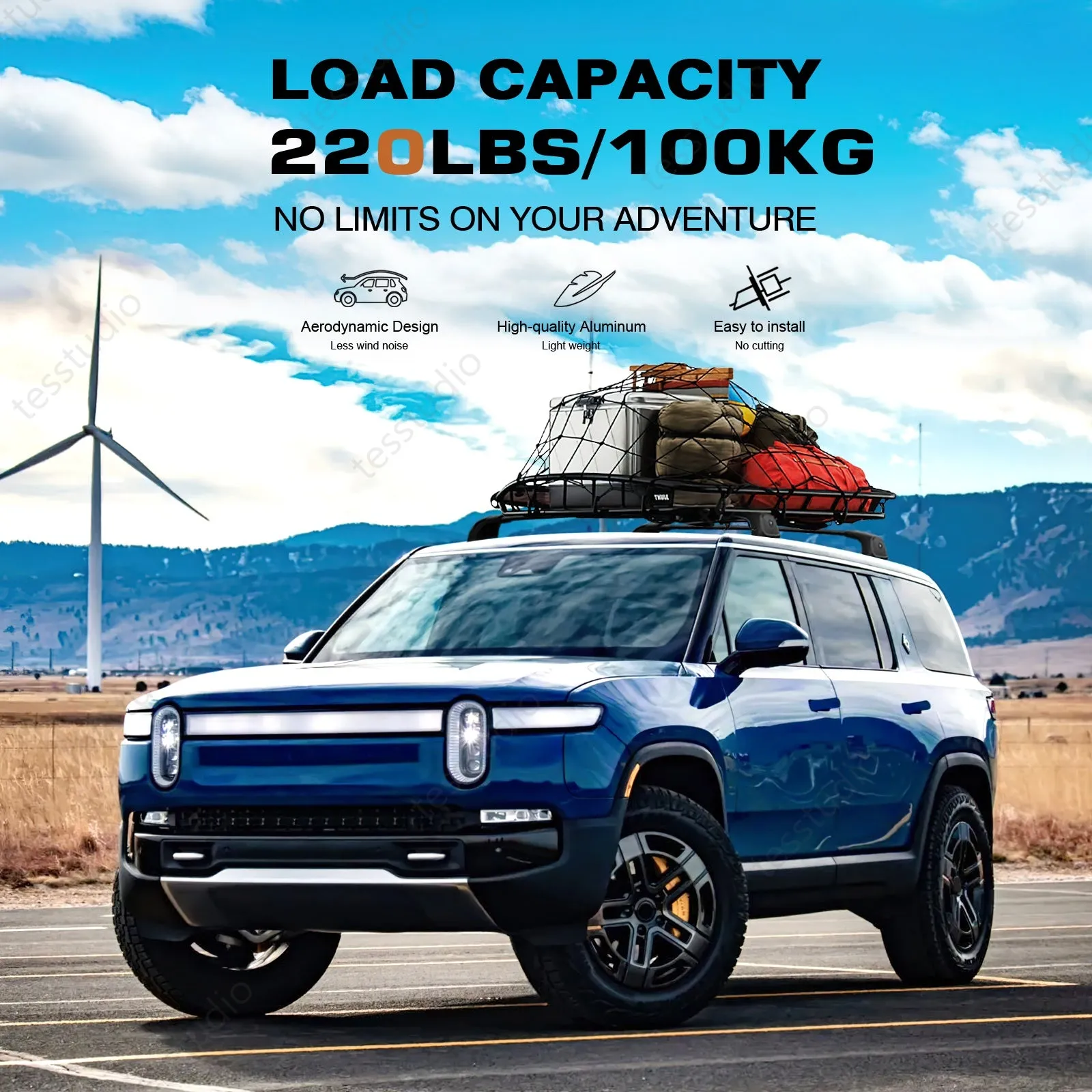 Rivian R1S/R1T Lockable Roof Rack Cross Bars Rails Crossbars Cargo Rooftop Carrier Tesstudio®