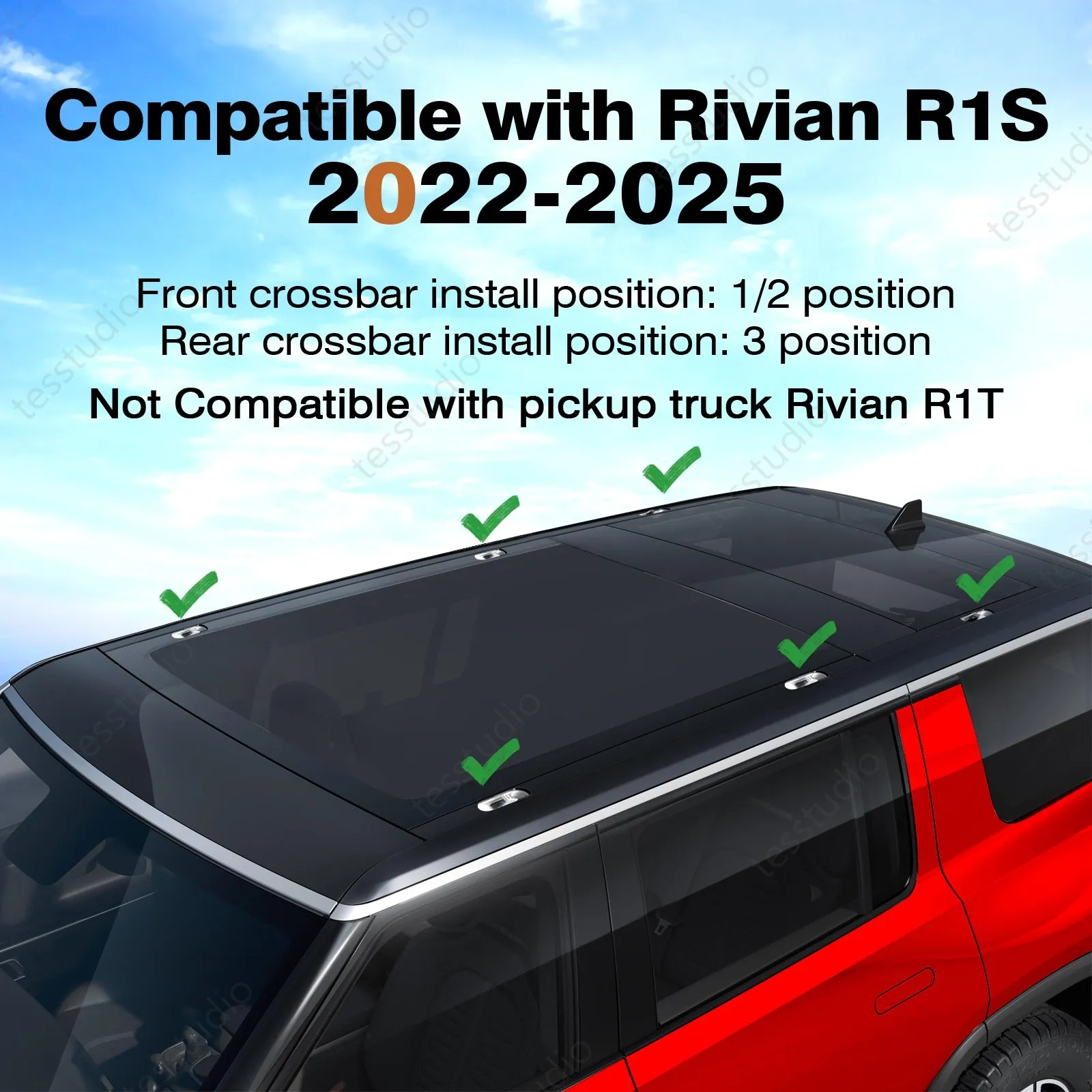Rivian R1S/R1T Lockable Roof Rack Cross Bars Rails Crossbars Cargo Rooftop Carrier Tesstudio®