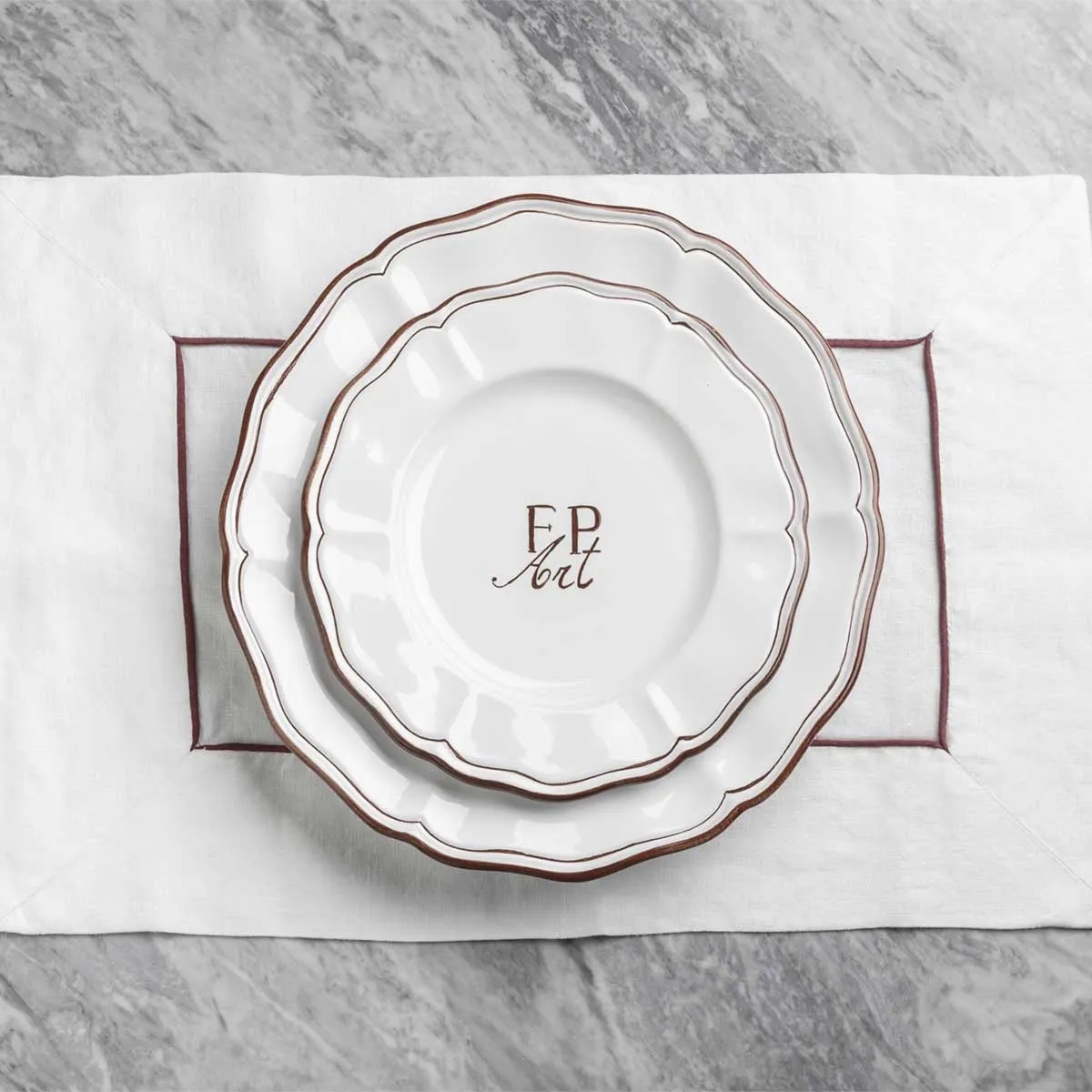 Set of 3 decorated ceramic plates: 1 flat plate, 1 soup plate, 1 dessert plate