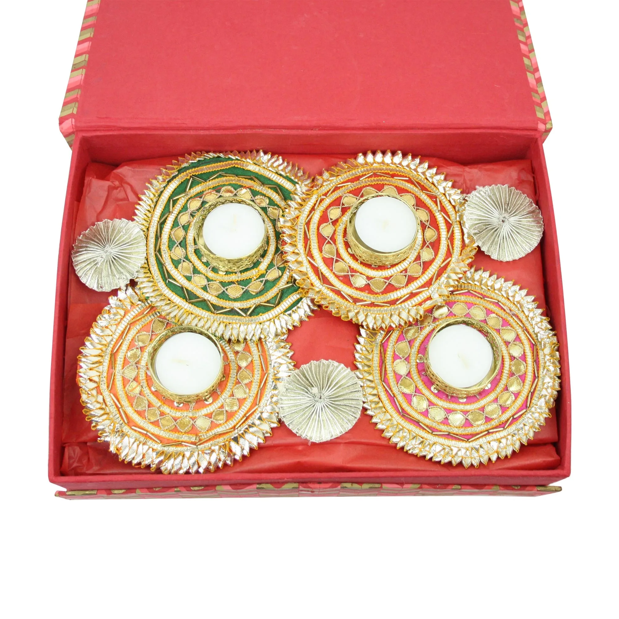 Set of 4 Rangoli Gota Diya Tea Light Candles & Diwali Snacks Gift Hamper