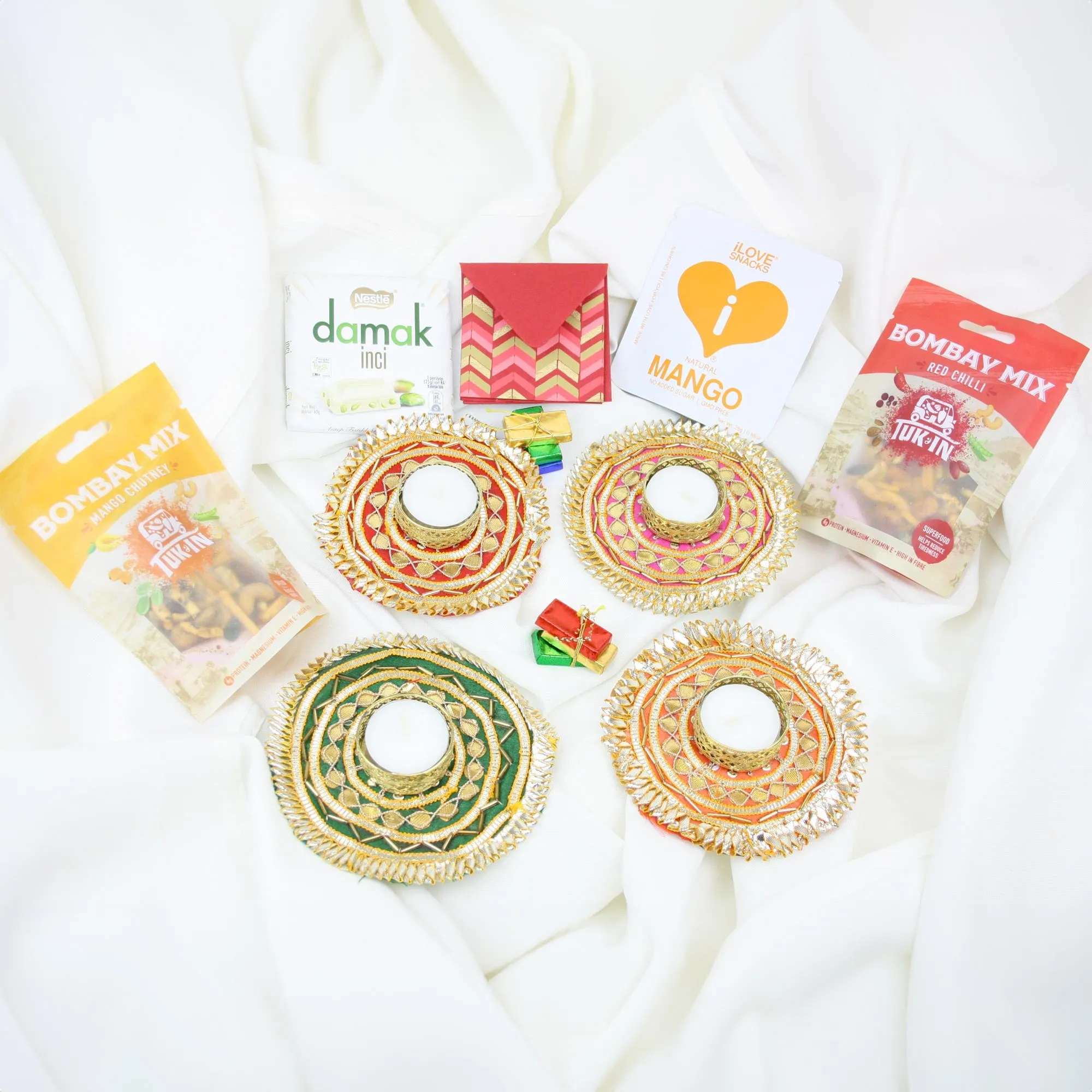 Set of 4 Rangoli Gota Diya Tea Light Candles & Diwali Snacks Gift Hamper