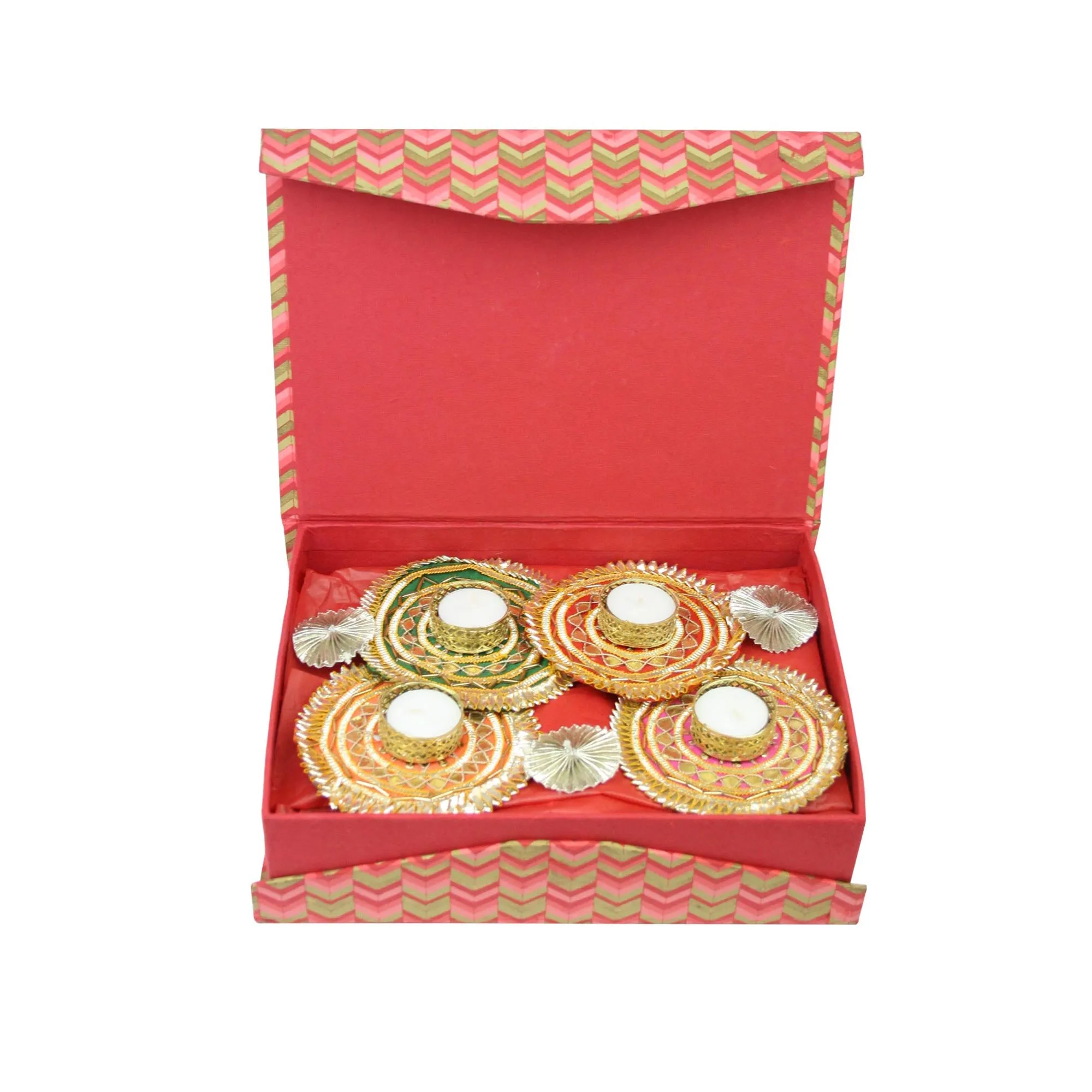 Set of 4 Rangoli Gota Diya Tea Light Candles & Diwali Snacks Gift Hamper