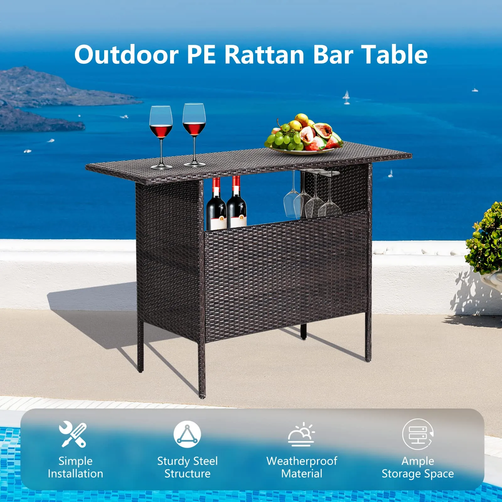 Tangkula Outdoor Wicker Bar Table with 2 Metal Mesh Shelves & 2-Rail Steel Stemware Racks(Mix Brown)