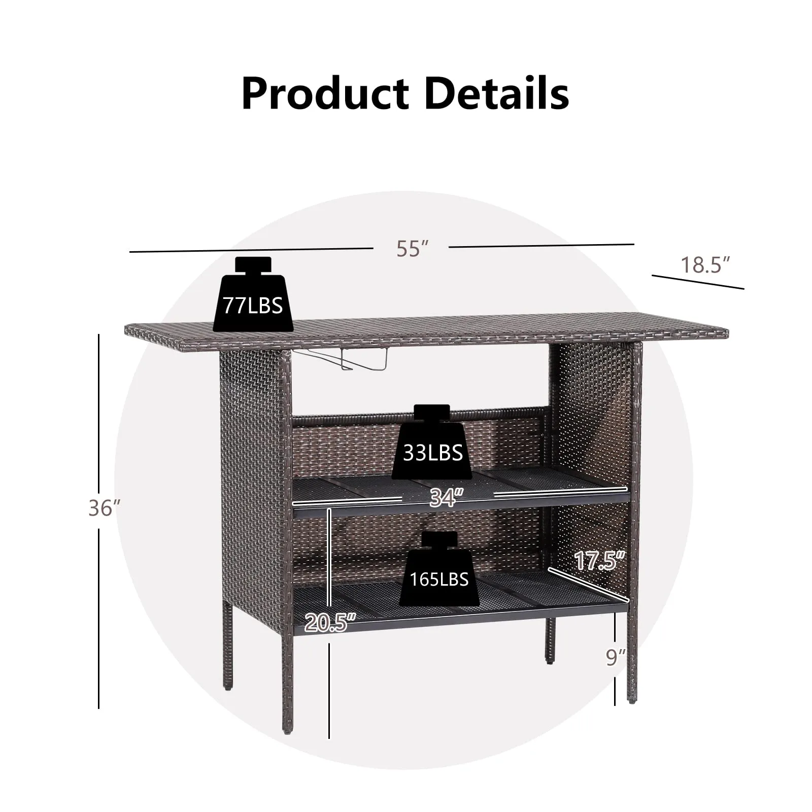 Tangkula Outdoor Wicker Bar Table with 2 Metal Mesh Shelves & 2-Rail Steel Stemware Racks(Mix Brown)