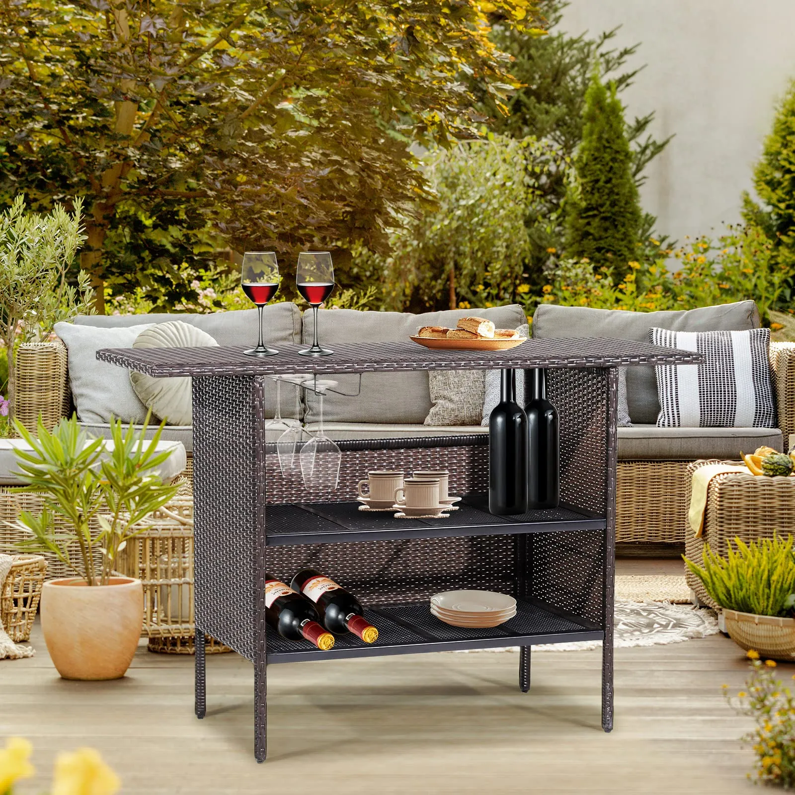 Tangkula Outdoor Wicker Bar Table with 2 Metal Mesh Shelves & 2-Rail Steel Stemware Racks(Mix Brown)
