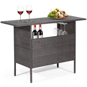 Tangkula Outdoor Wicker Bar Table with 2 Metal Mesh Shelves & 2-Rail Steel Stemware Racks(Mix Brown)