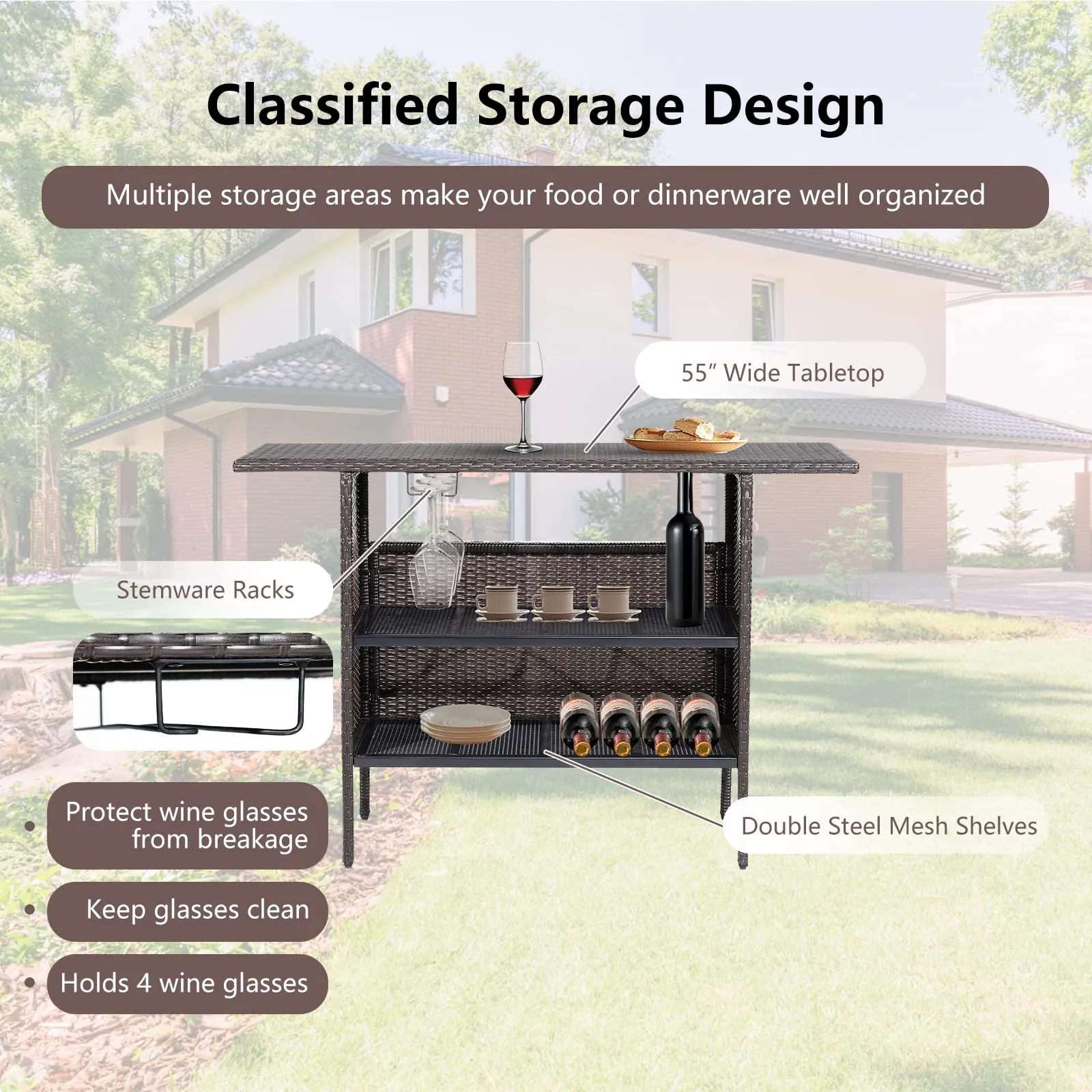Tangkula Outdoor Wicker Bar Table with 2 Metal Mesh Shelves & 2-Rail Steel Stemware Racks(Mix Brown)