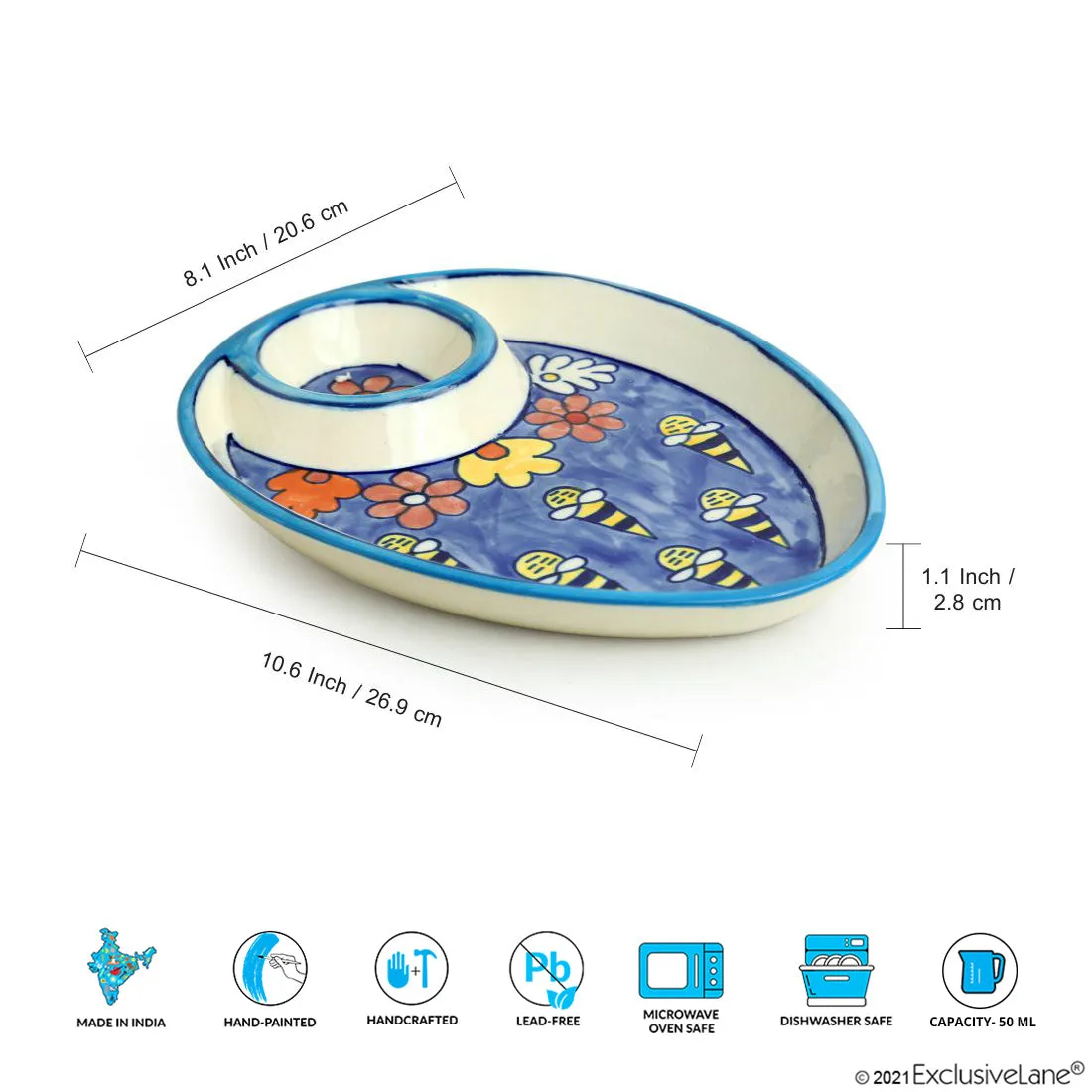 'The Bee Collective' Hand-painted Ceramic Chip-N-Dip Platter (Microwave Safe)