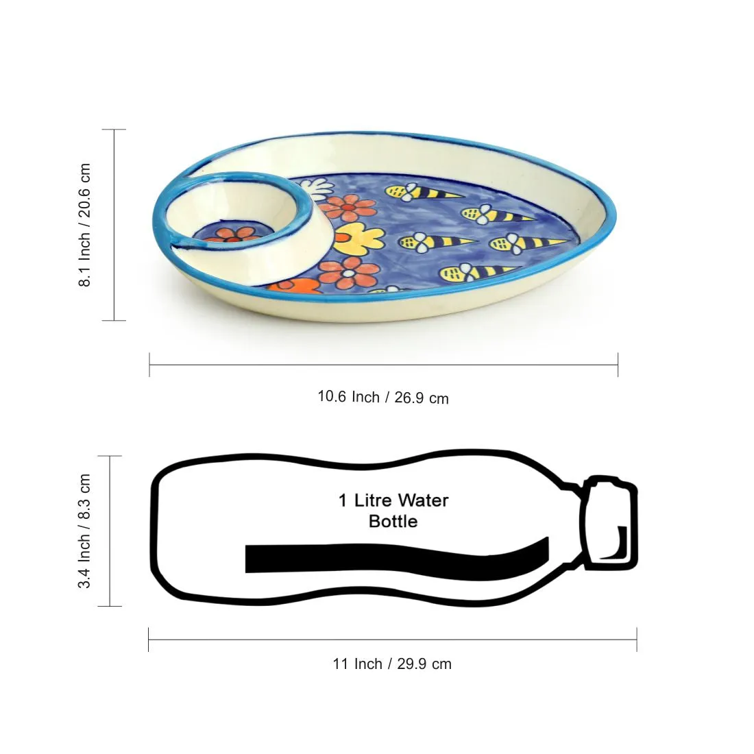 'The Bee Collective' Hand-painted Ceramic Chip-N-Dip Platter (Microwave Safe)