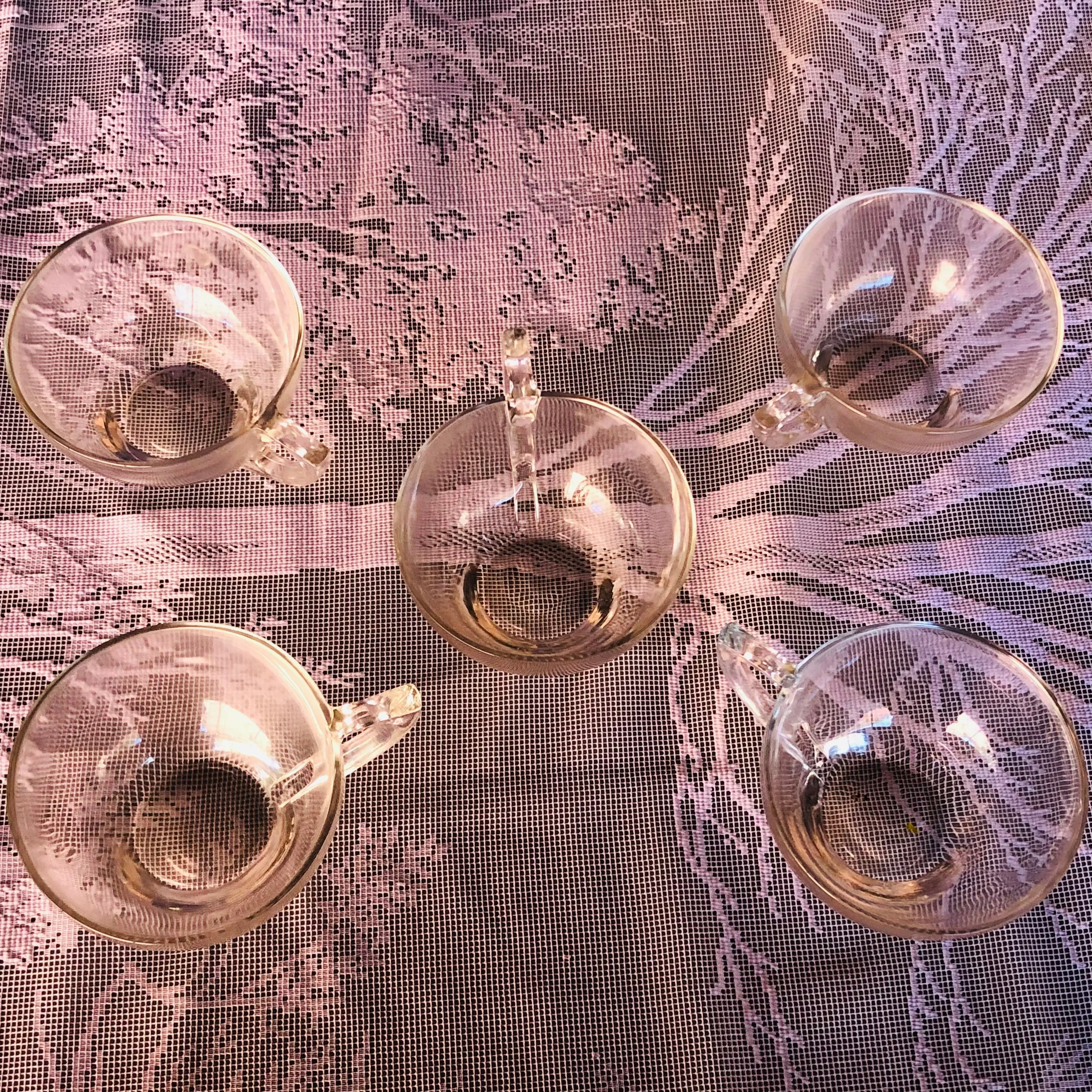 *Vintage Glass Floral Serve Ware Set of 4 Trays and 5 Tea Cups Coffee Mugs
