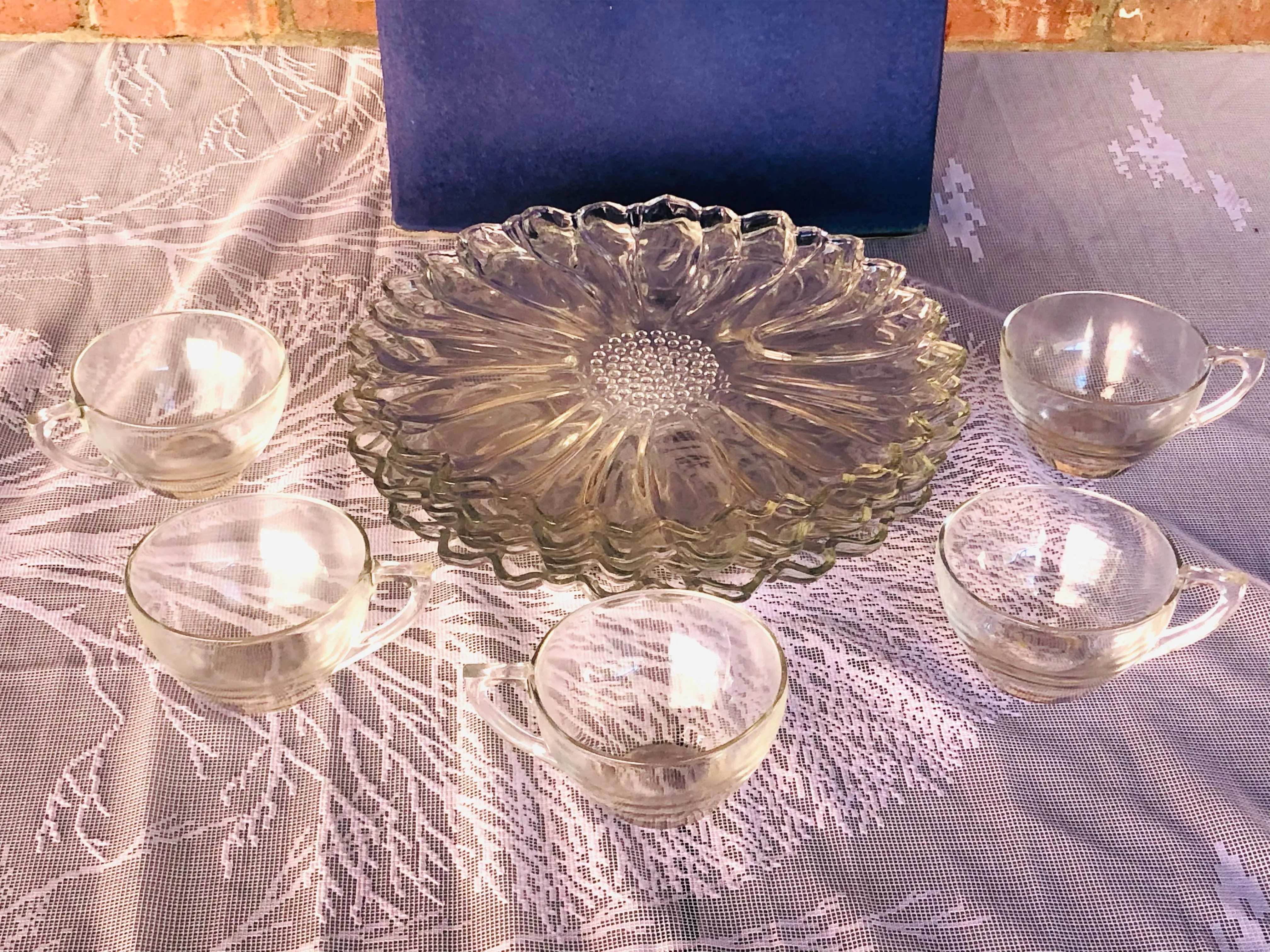 *Vintage Glass Floral Serve Ware Set of 4 Trays and 5 Tea Cups Coffee Mugs
