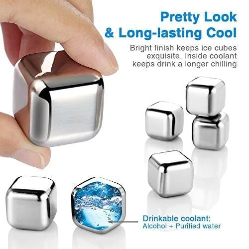 zanmini Stainless Steel Reusable Ice Cubes, Metal Whiskey Stones, Whiskey Rocks Chilling Stones with Tongs for Wine - Whiskey Stones Gift Set (Set of 8)