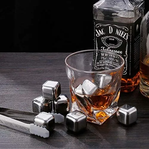 zanmini Stainless Steel Reusable Ice Cubes, Metal Whiskey Stones, Whiskey Rocks Chilling Stones with Tongs for Wine - Whiskey Stones Gift Set (Set of 8)