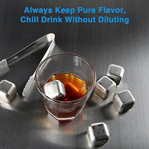 zanmini Stainless Steel Reusable Ice Cubes, Metal Whiskey Stones, Whiskey Rocks Chilling Stones with Tongs for Wine - Whiskey Stones Gift Set (Set of 8)